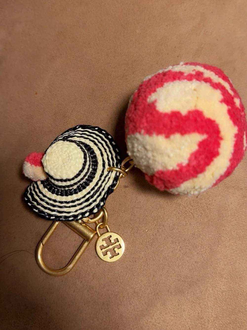 Tory Burch Black & Cream Straw Hat Keychain with Pink-Cream Pom